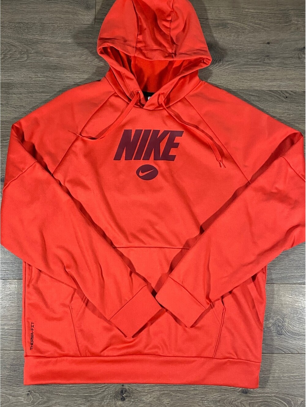 Nike Therma-FIT Mens L Orange Black Fleece Pullover Hoodie Training Sweatshirt